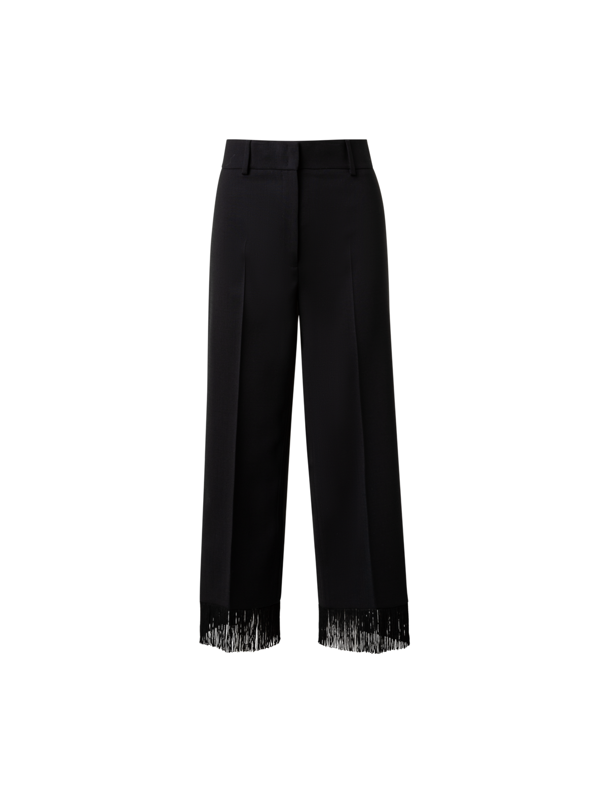 Designer Cropped Wide Wool Stretch Pants with Fringe - black