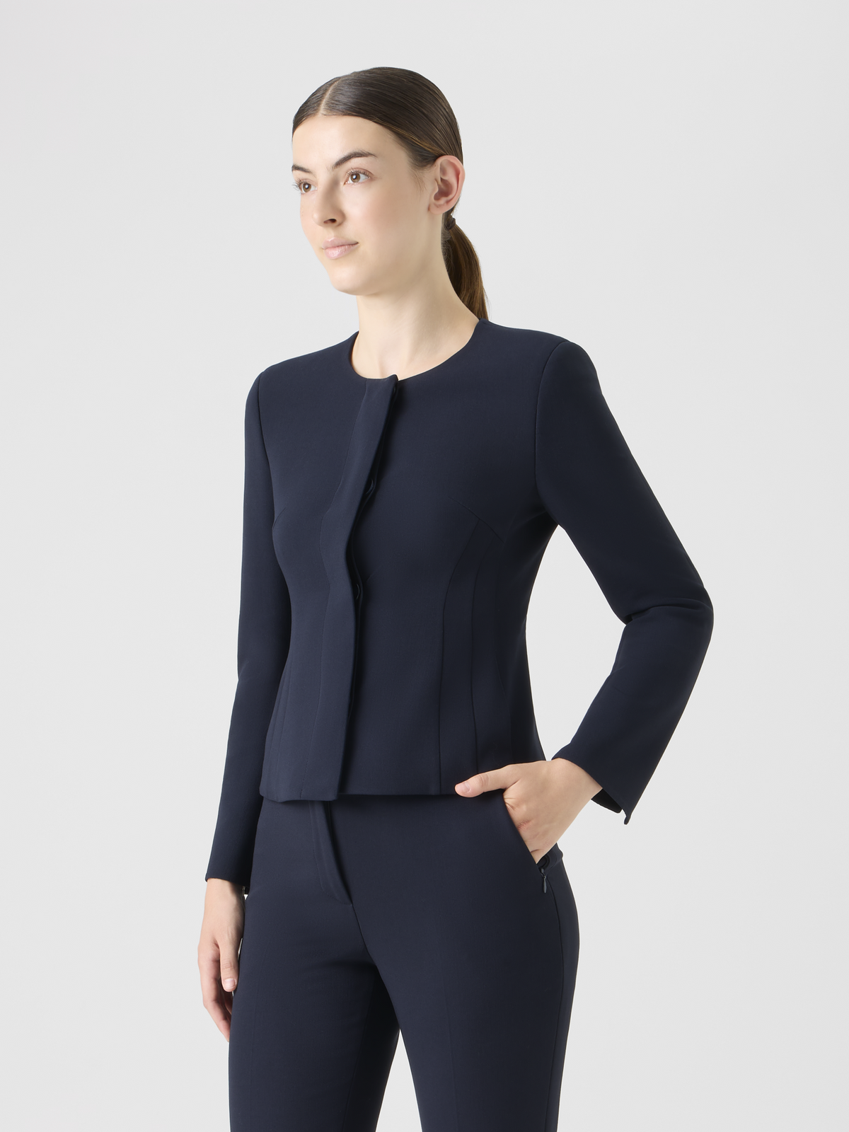 Designer Fitted Wool Bi-Stretch Double-Face Jacket - navy #editorial