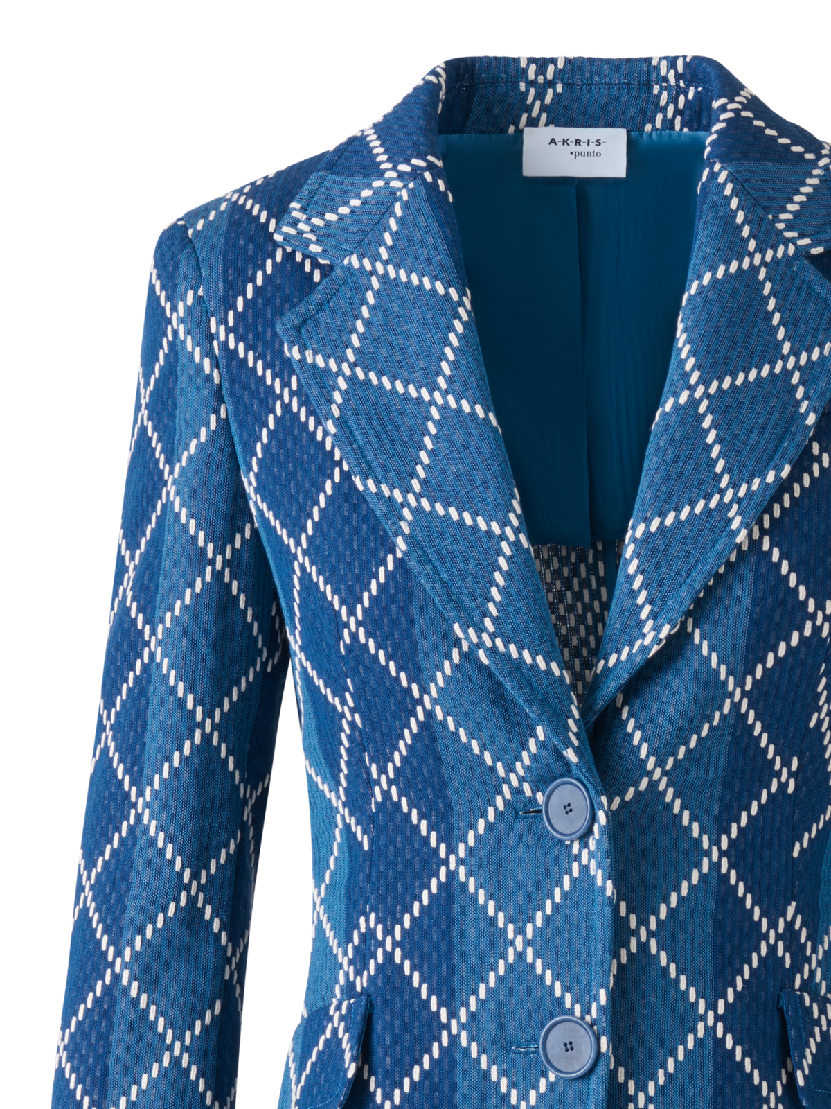Designer Long Cotton Blazer with Diamond Jacquard - blue - multicolor
