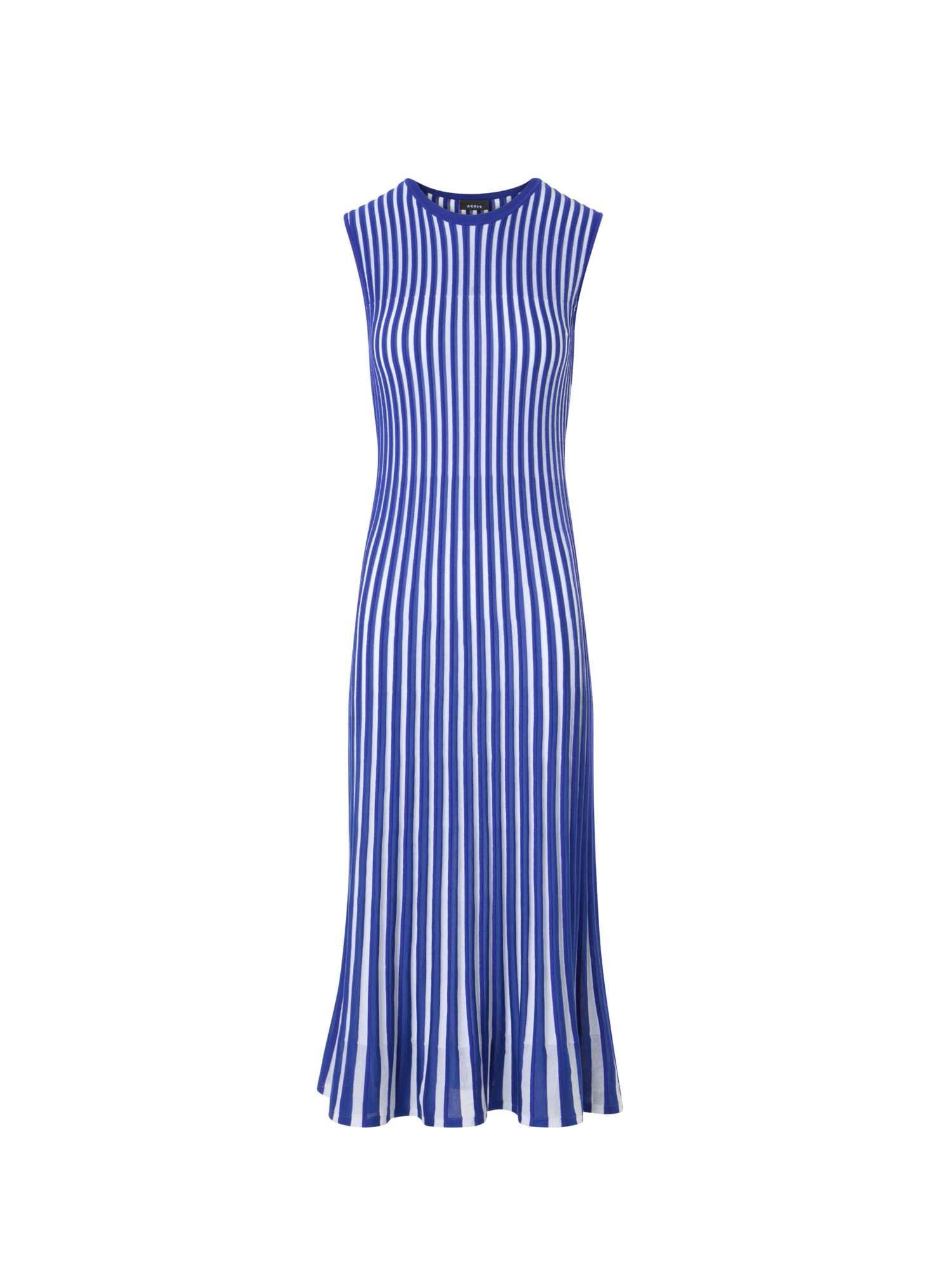 Designer Two Tone Rib Knit Dress with Sheer Shoulders - blue