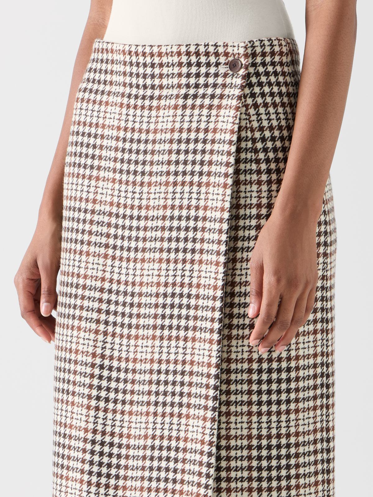 Designer Midi Wrap Skirt in Check Tweed - brown - ecru - multicolor 