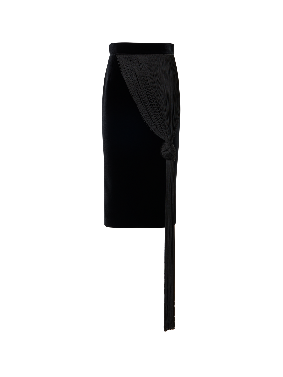 Designer Velvet Neoprene Pencil Skirt with The Fringe Knot - black