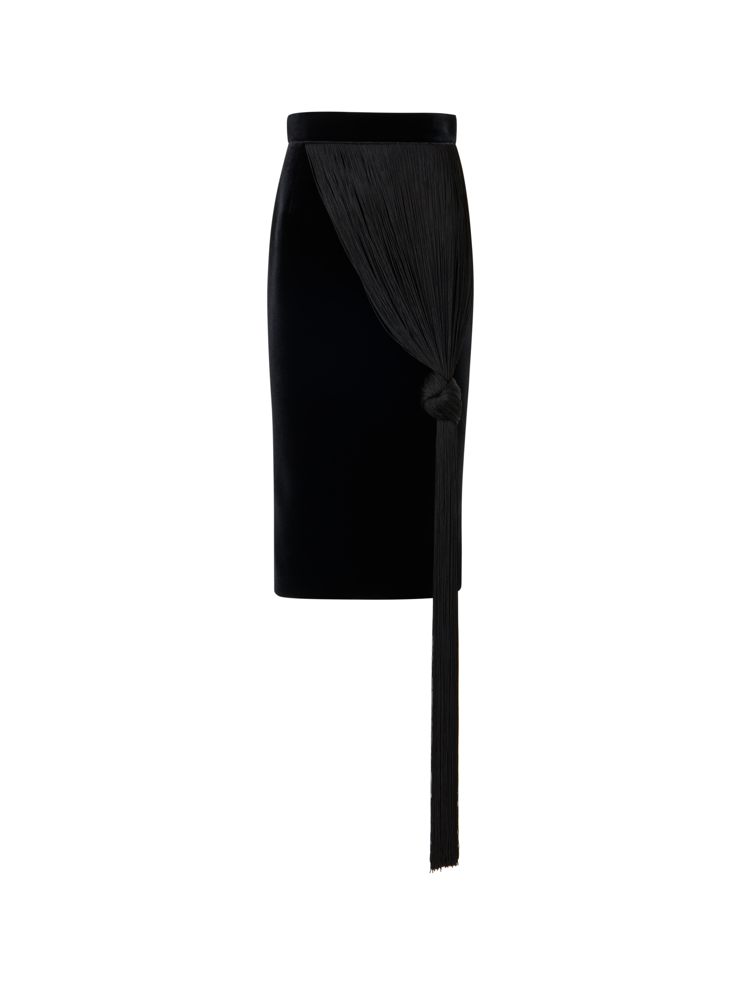 Designer Velvet Neoprene Pencil Skirt with The Fringe Knot - black