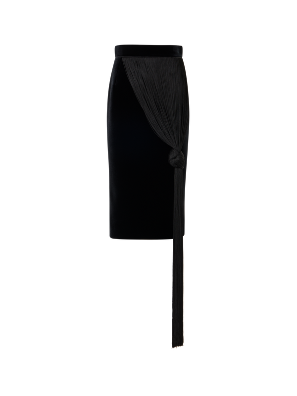 Designer Velvet Neoprene Pencil Skirt with The Fringe Knot - black