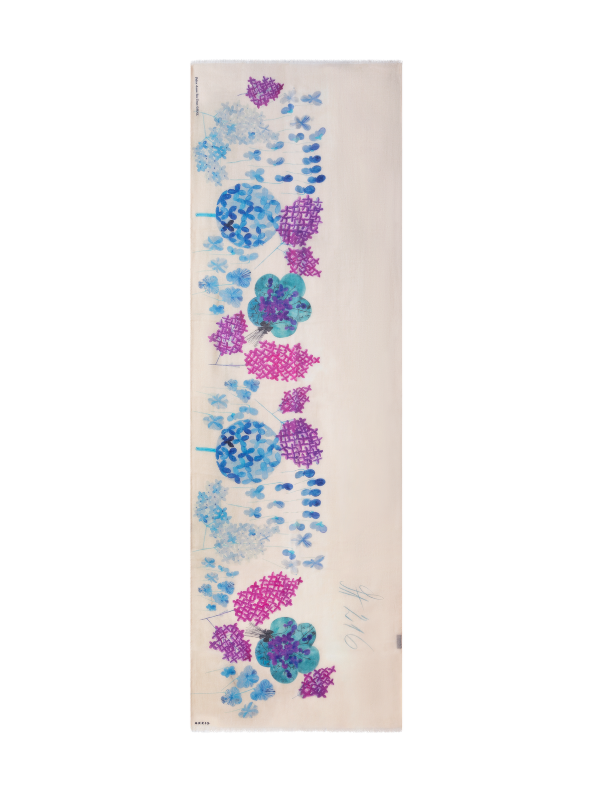 Designer Cashmere Scarf with Denim Blossom Print - blue - multicolor - pink