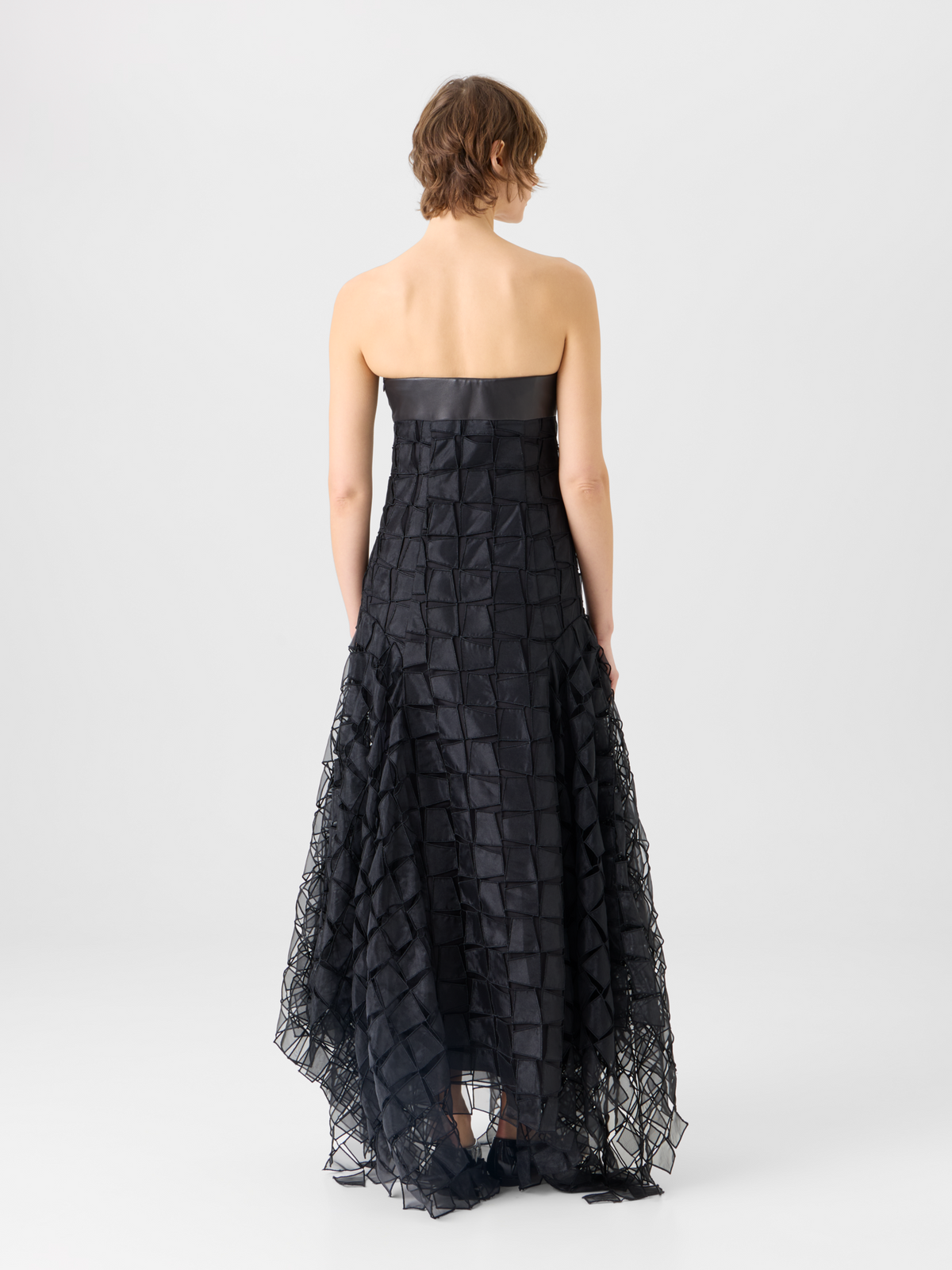 Designer Organza Trapezoid Embroidery Strapless Gown - black