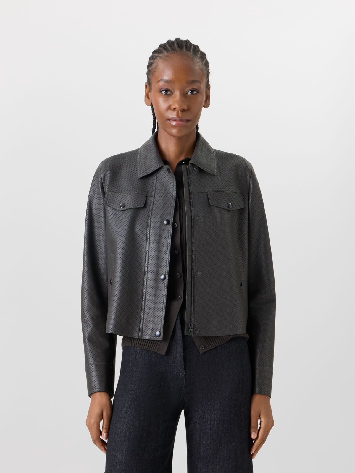 Designer Long-Sleeve Signature Pin Dot Lamb Nappa Leather Motorbike Jacket - green #editorial