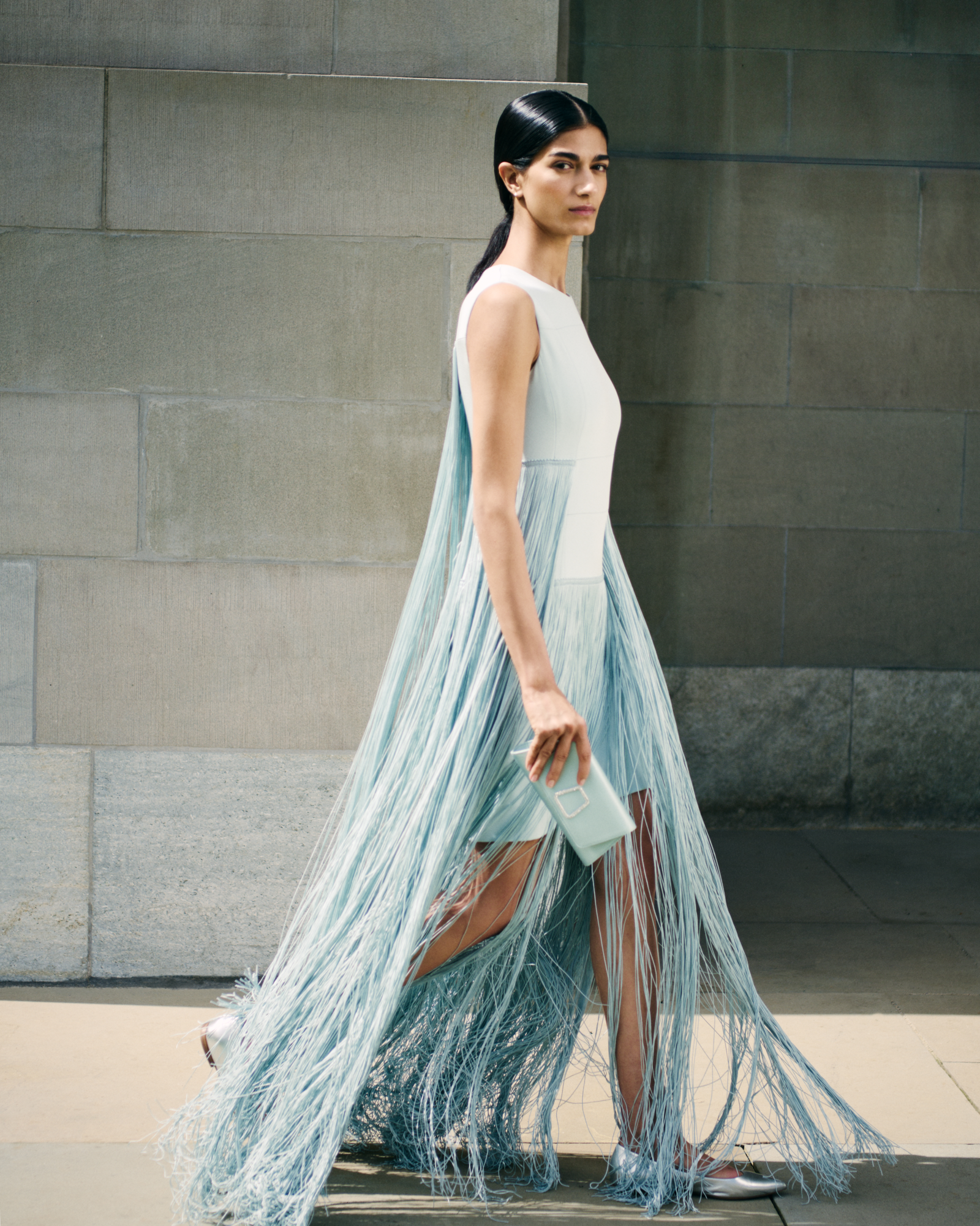Designer Long Silk Gown with Asymmetrical Fringes - blue 