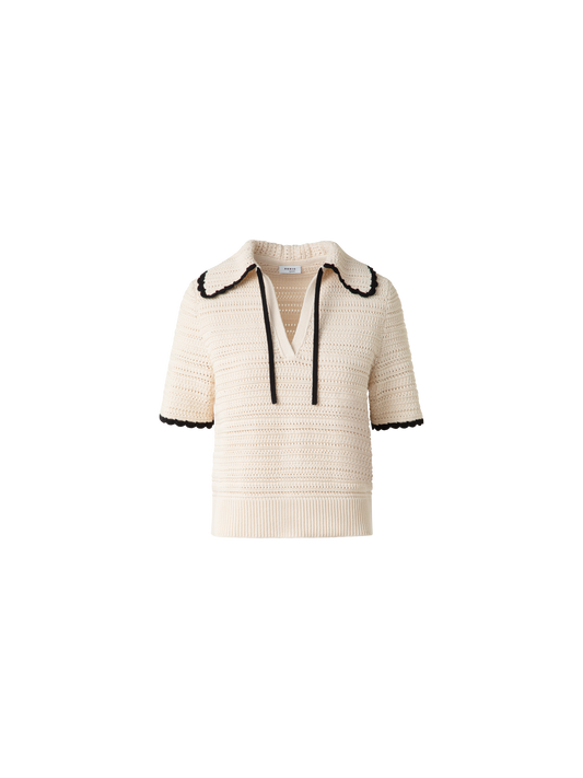 Designer Chunky Cotton Knit Top with Contrast Trim - neutral - multicolor - beige