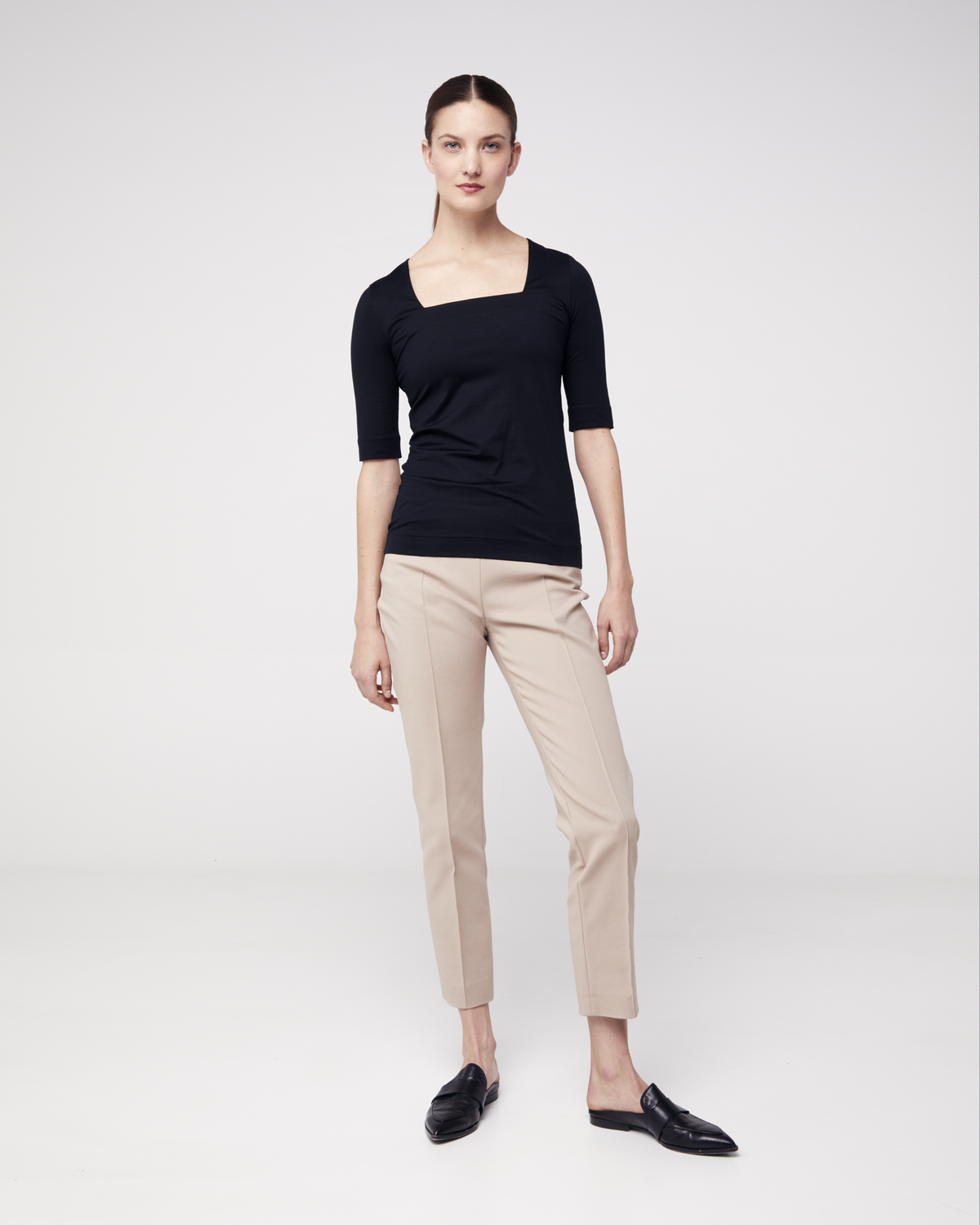 Designer Slim Ankle-Length Cotton Techno Stretch Pants - black - beige #editorial