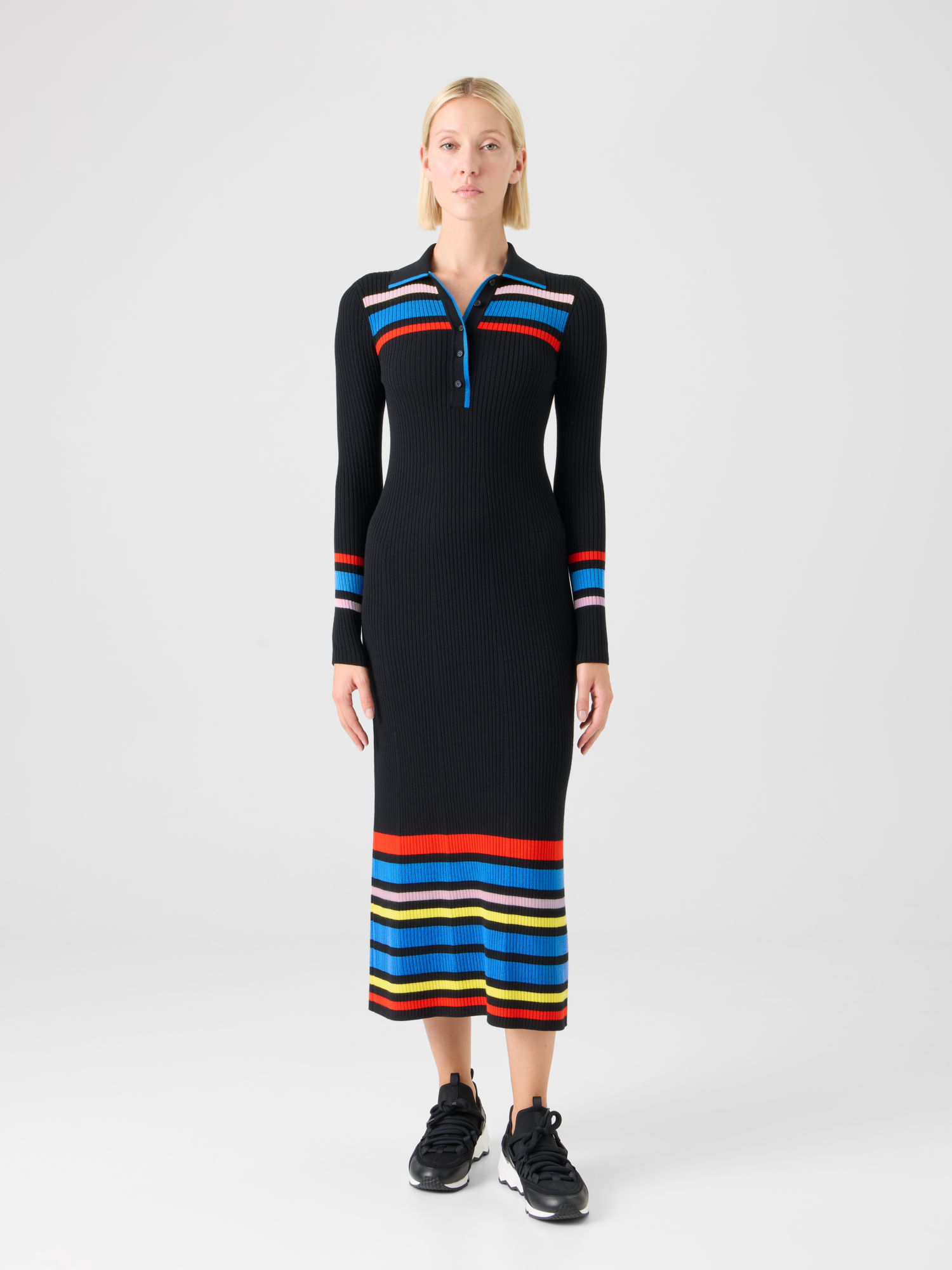 Designer Color-Block Ribbed Knit Polo Dress 