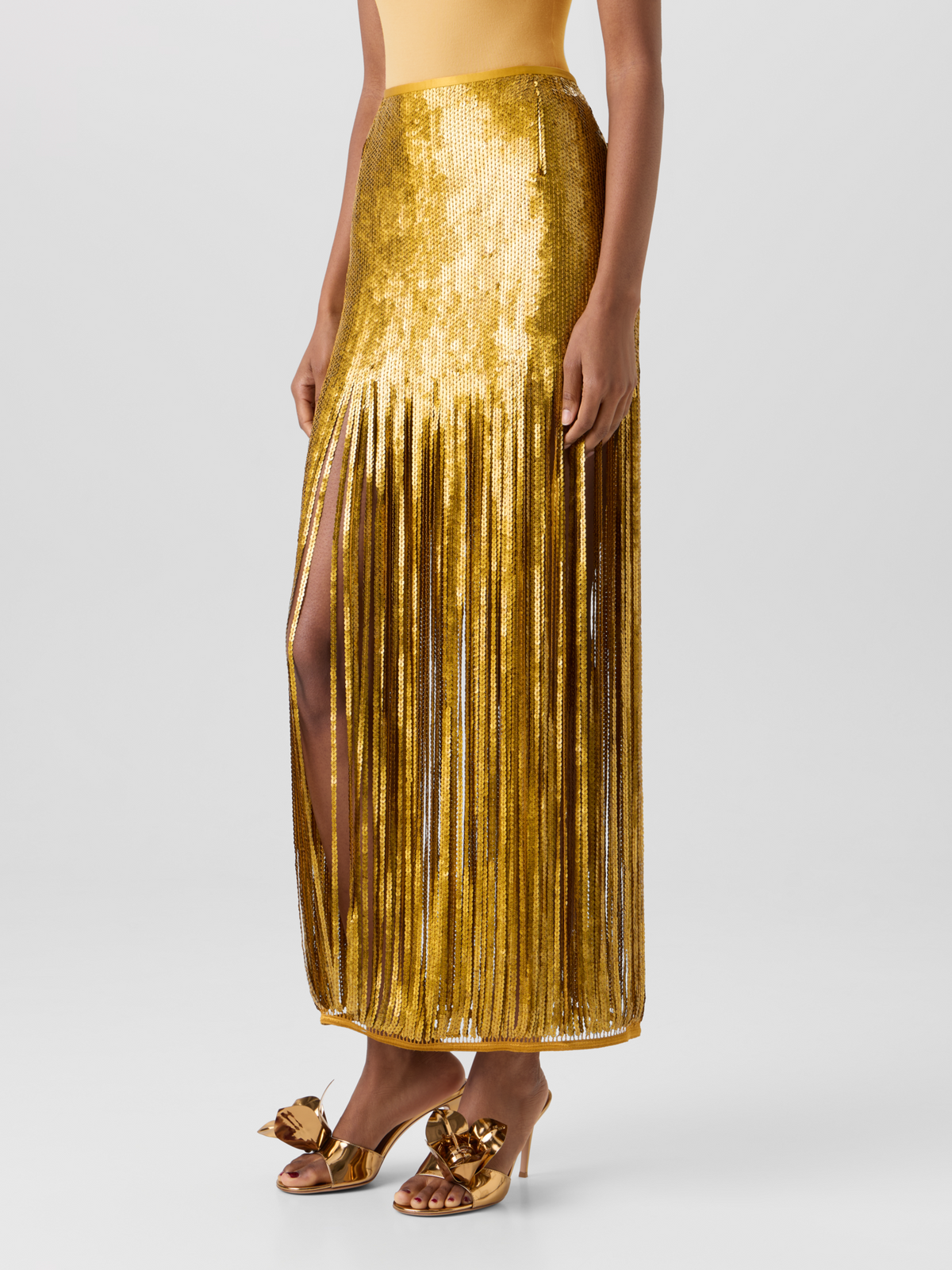 Designer Sequin Fringe Midi Skirt - gold 