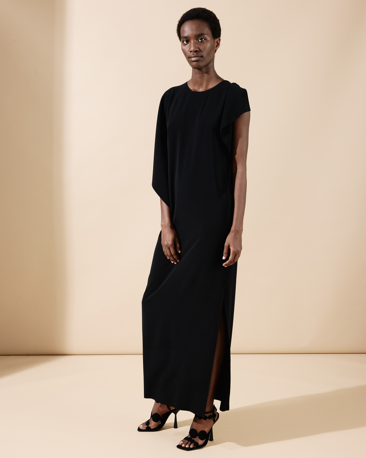 Designer Laser Cut Midi Dress with Off-shoulder Drape - black #editorial