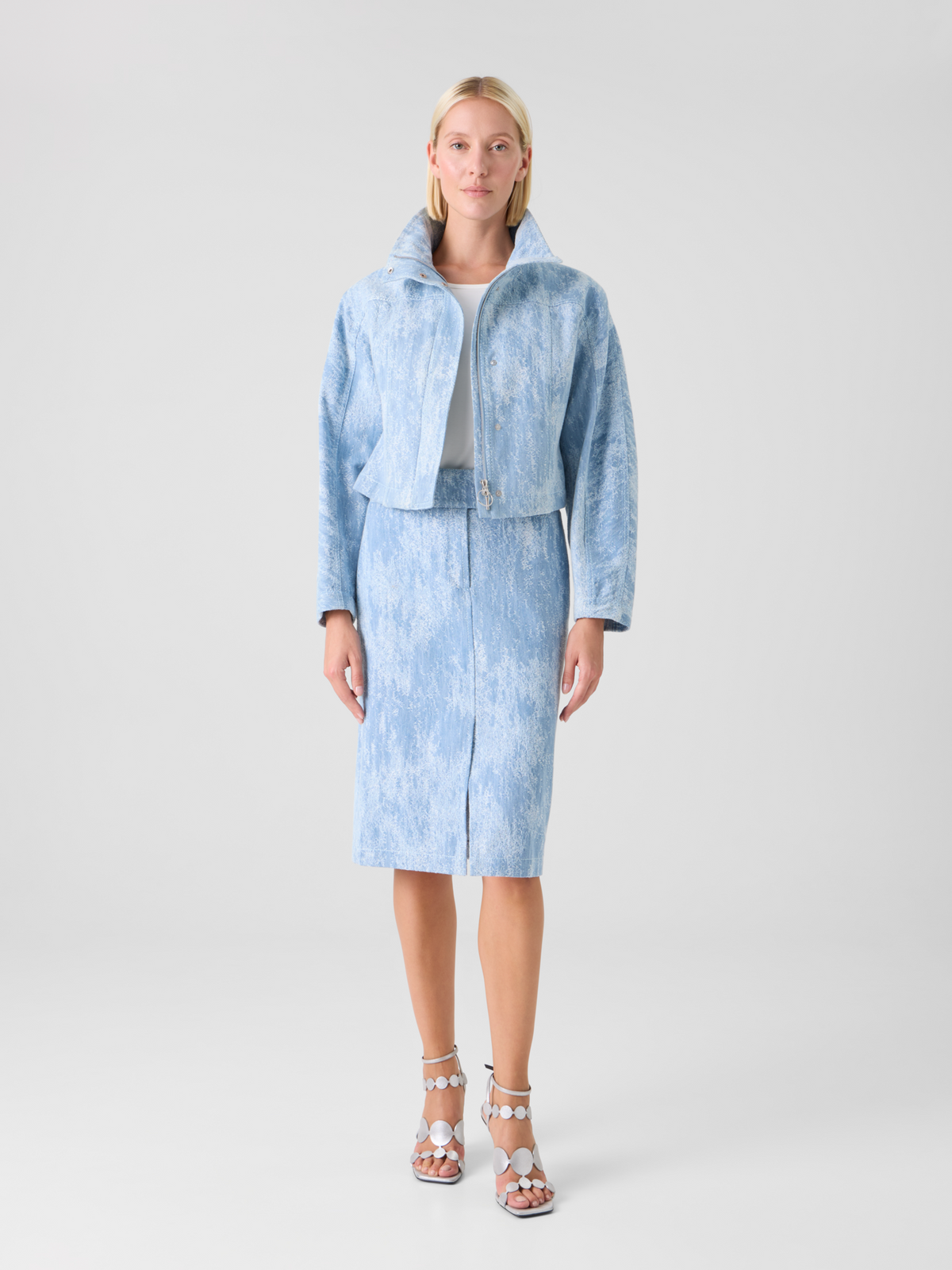 Designer Jacquard Denim Pencil Skirt - blue