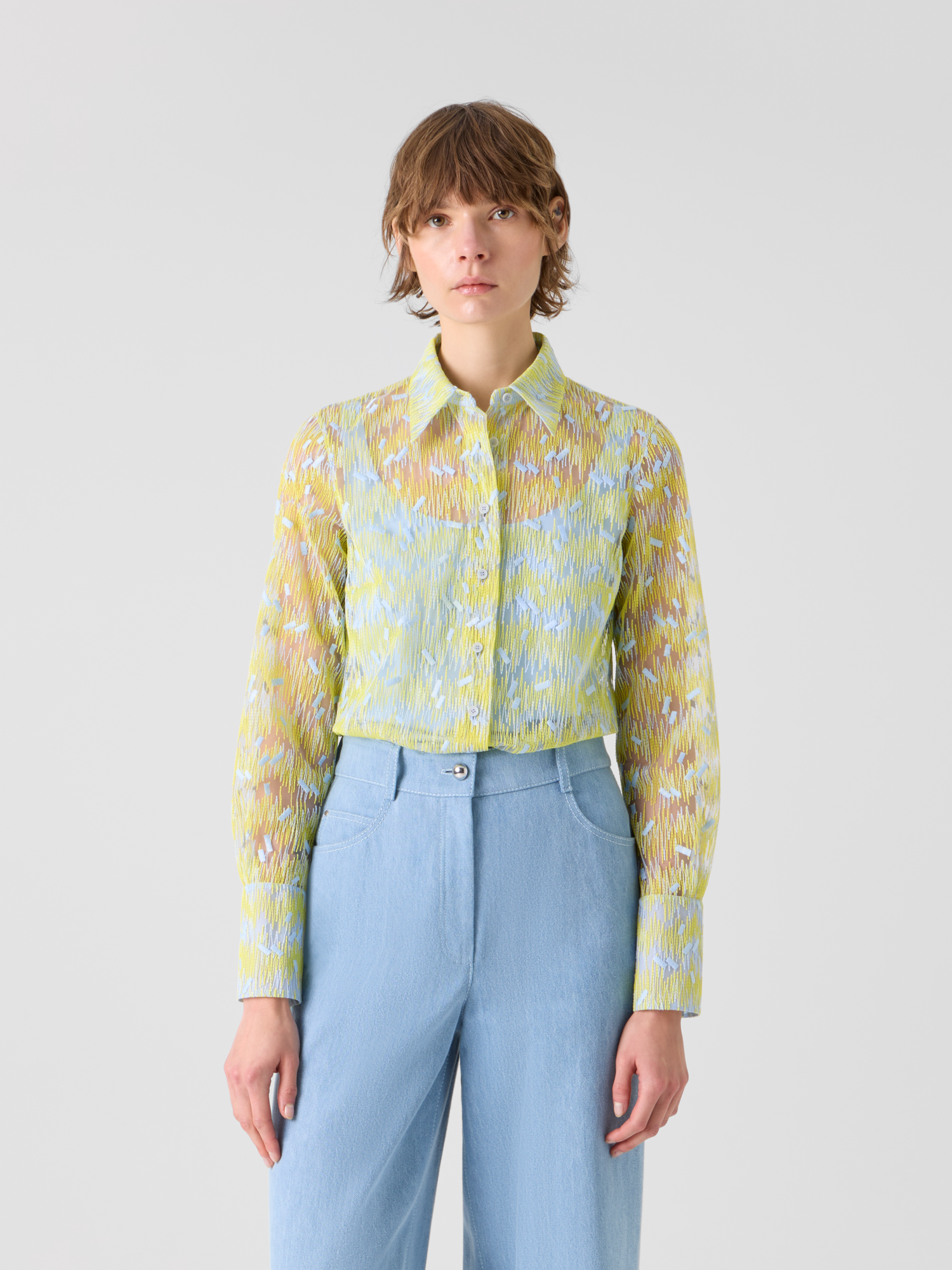 Designer Scribble Dot Embroidered Tulle Blouse - yellow 