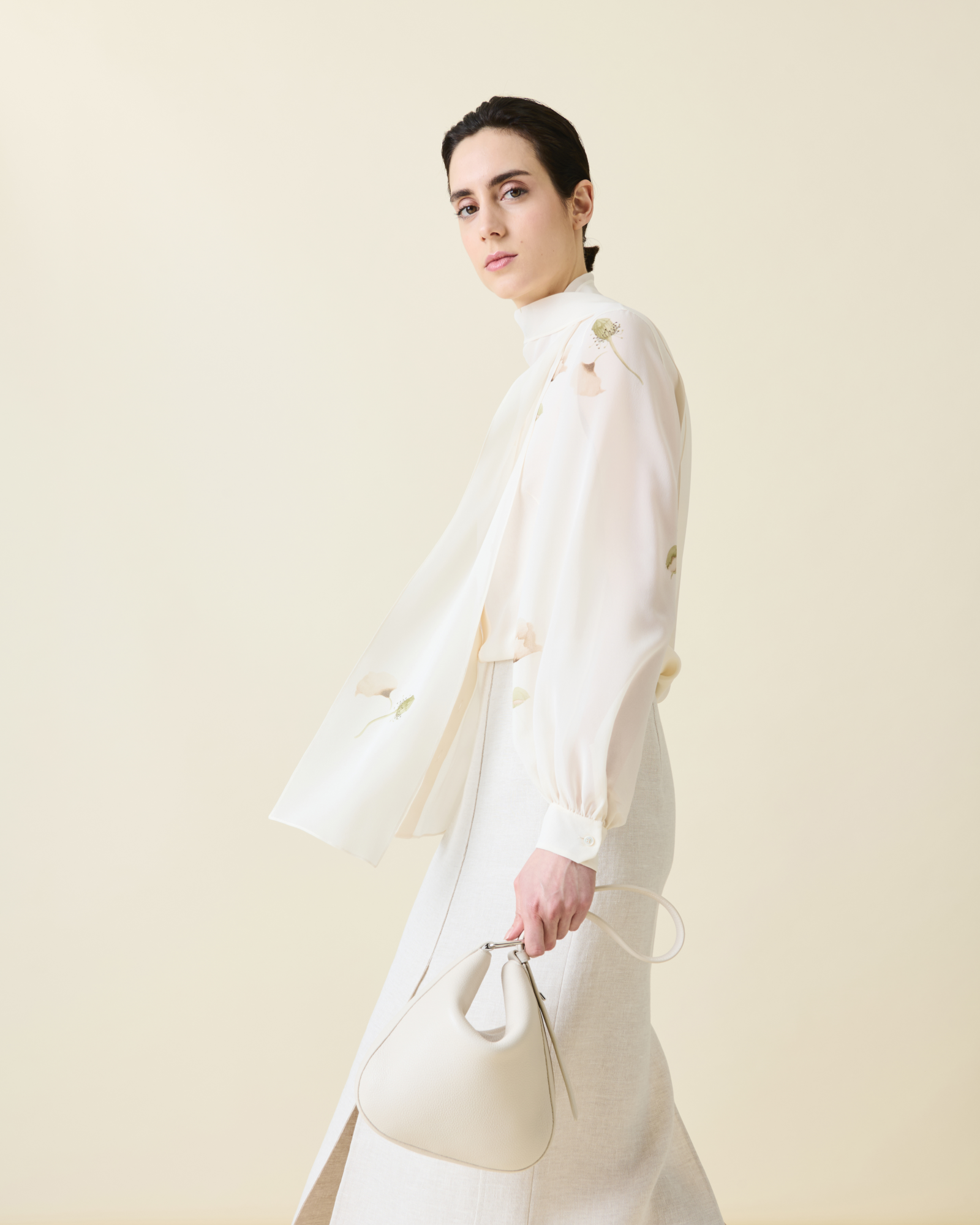 Designer Tie Neck Silk Blouse with Anemone Print - neutral - pastel - multicolor - ecru - white 