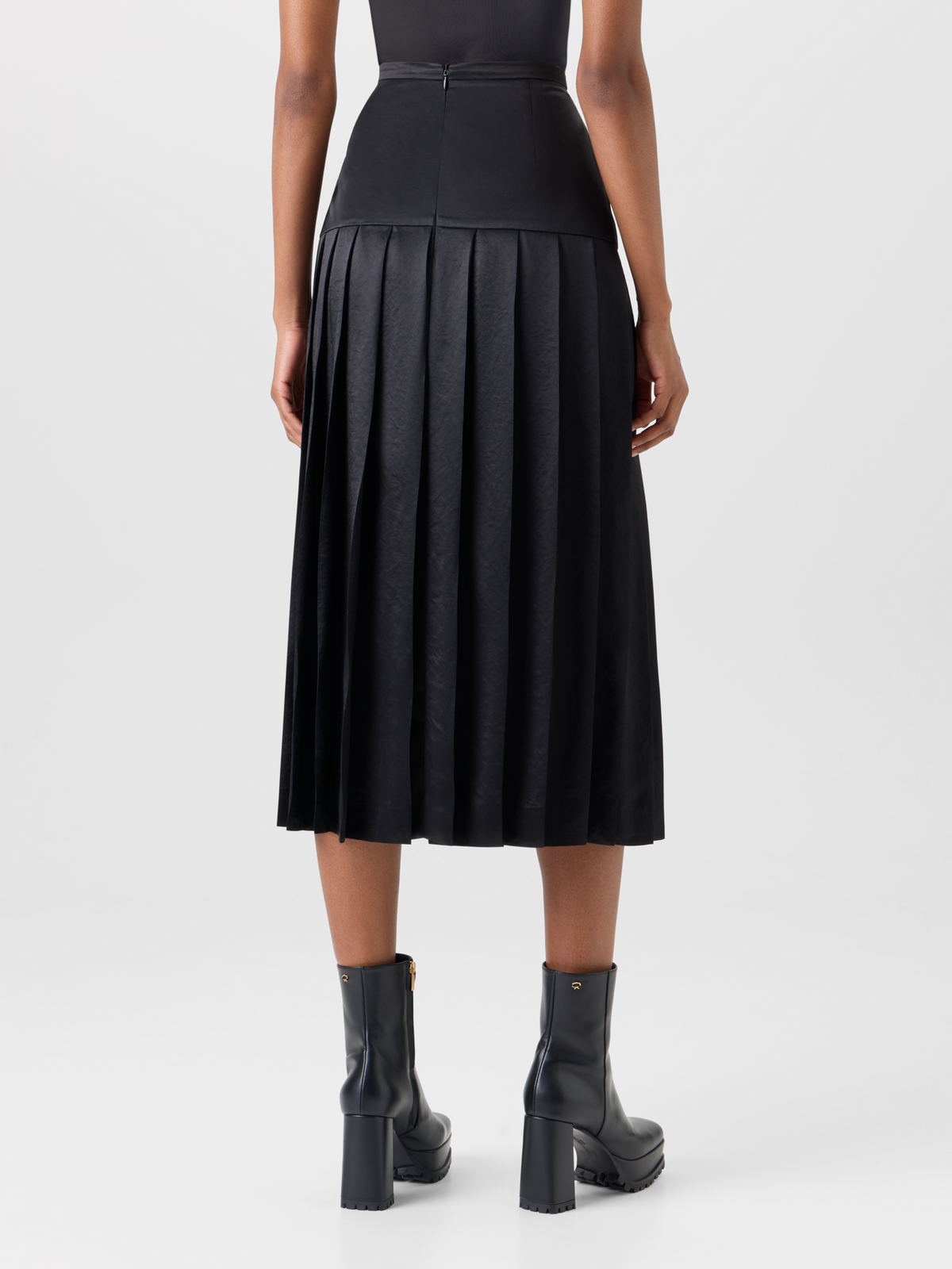 Designer Pleated Satin Midi Skirt - black 