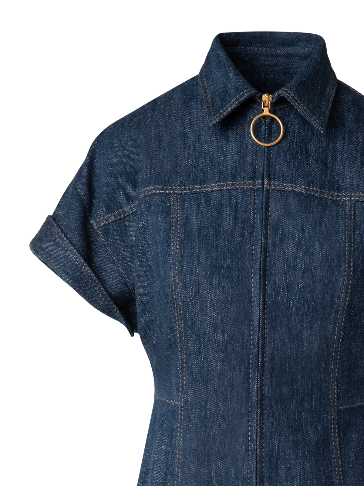 Designer Short Denim Dress with Polo Collar - navy - blue