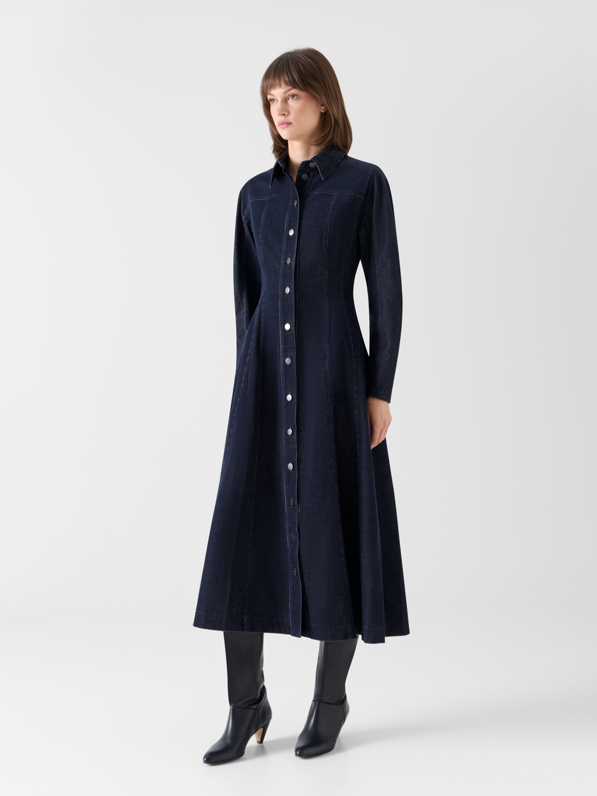 Designer Fit-and-Flare Midi Dress in Changeant Micro Corduroy - navy 