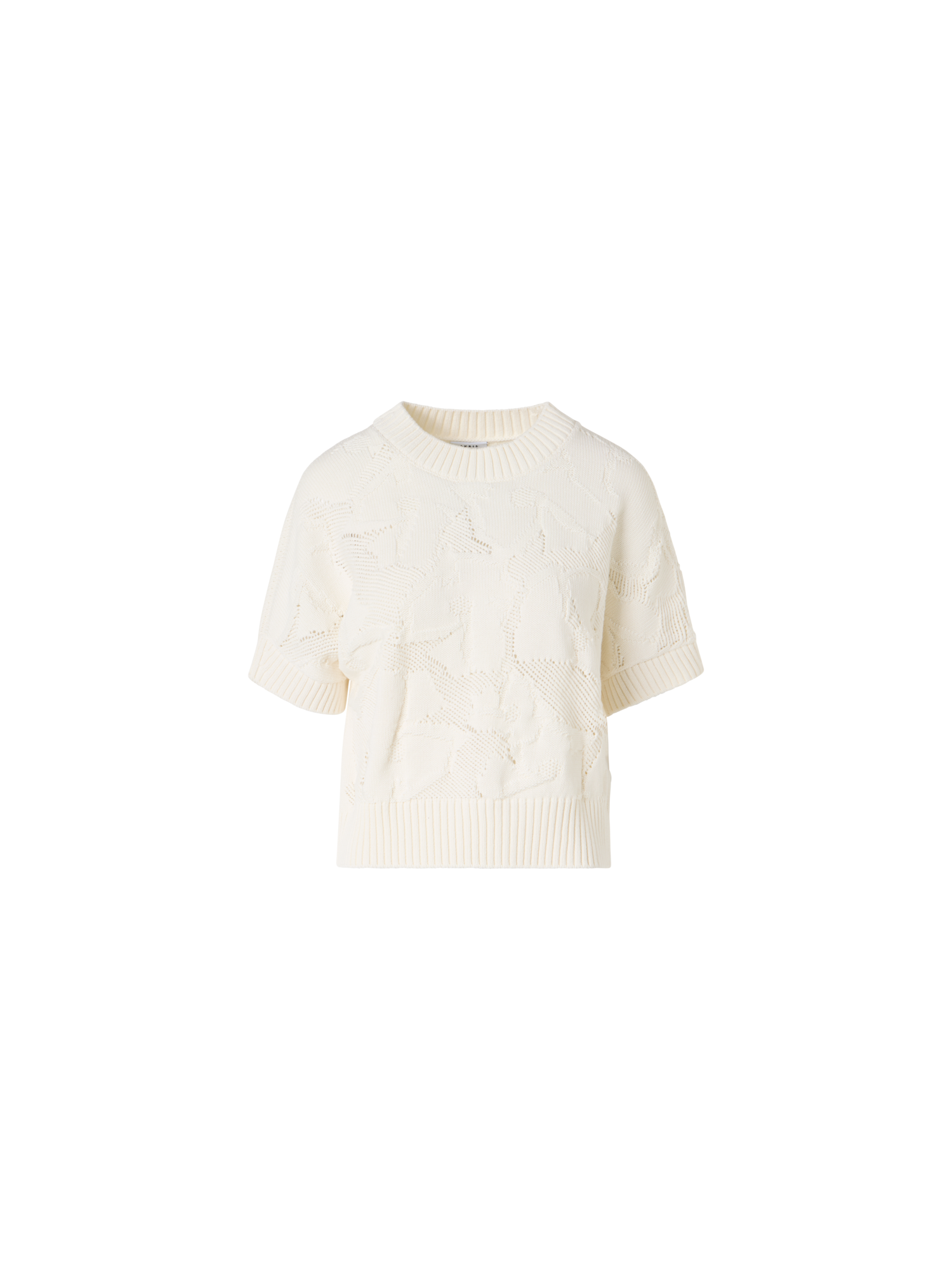 Designer Short-Sleeve Chunky Cotton Ajouré Knit Sweater - ecru