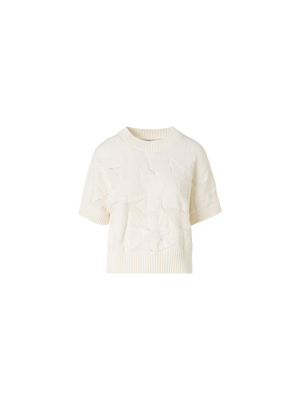 Designer Short-Sleeve Chunky Cotton Ajouré Knit Sweater - ecru