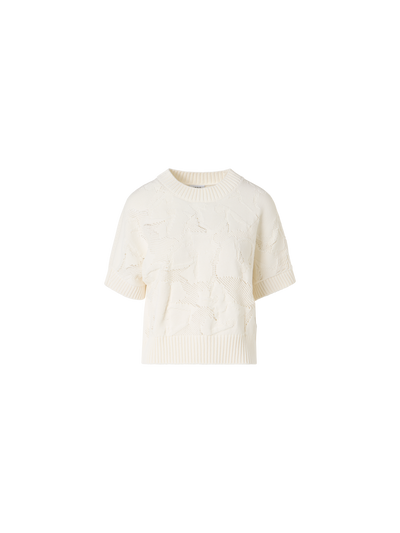 Designer Short-Sleeve Chunky Cotton Ajouré Knit Sweater - ecru
