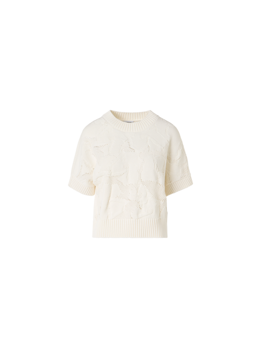 Designer Short-Sleeve Chunky Cotton Ajouré Knit Sweater - ecru