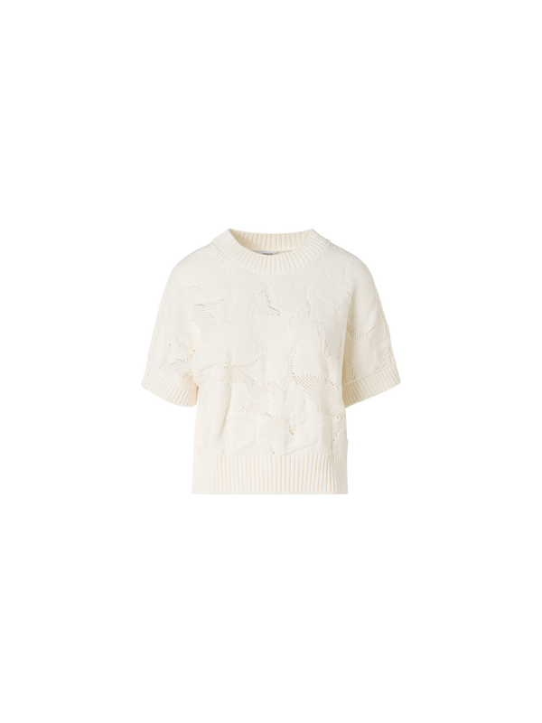 Designer Short-Sleeve Chunky Cotton Ajouré Knit Sweater - ecru