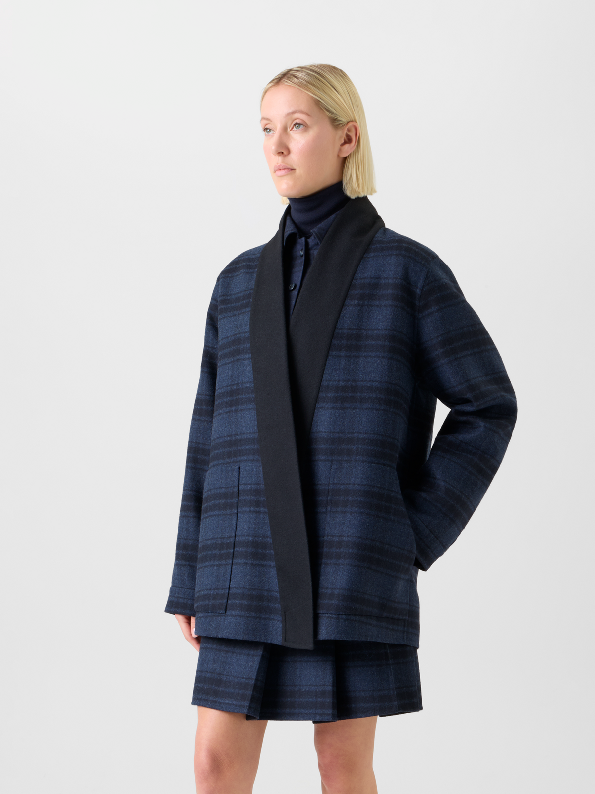 Designer Oversized Wool Double-Face Plaid Shirt Jacket - navy - blue #editorial