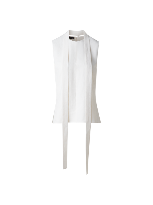 Designer Sleeveless Tie Neck Blouse in Linen Blend - neutral - ecru - white