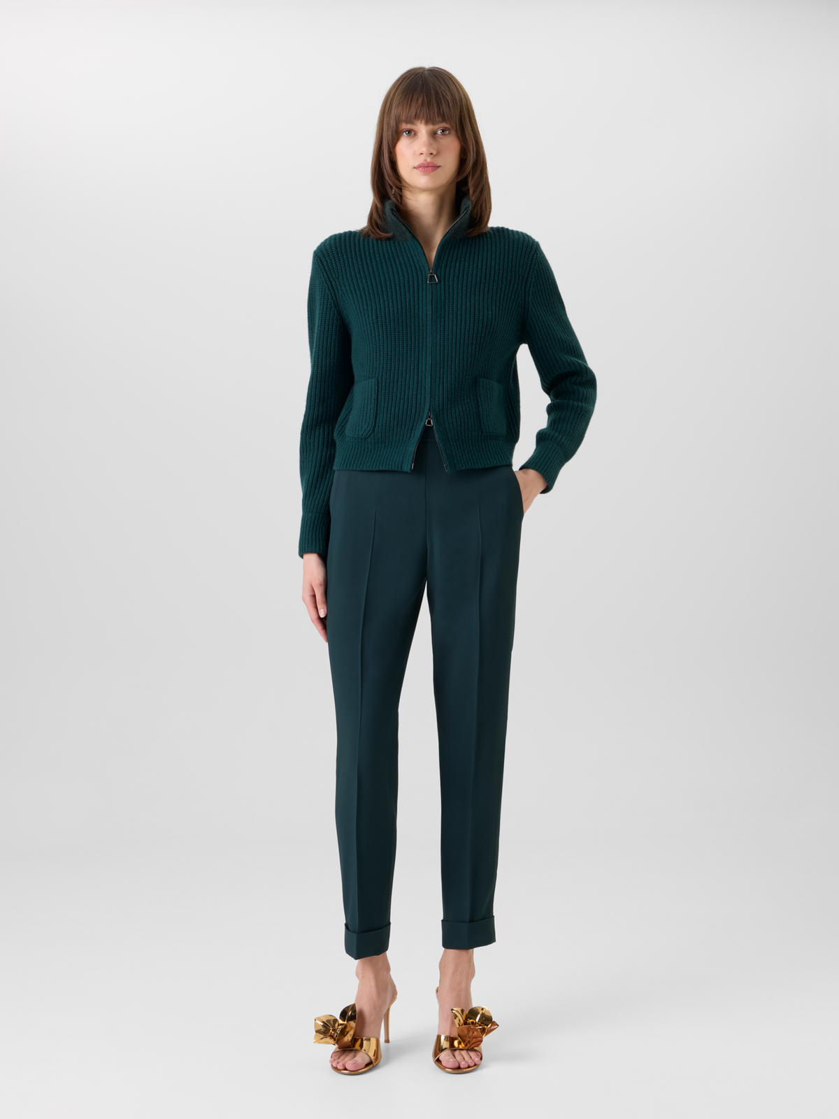 Designer Wool Cashmere Short Cardigan with Bouclé Collar - green #editorial