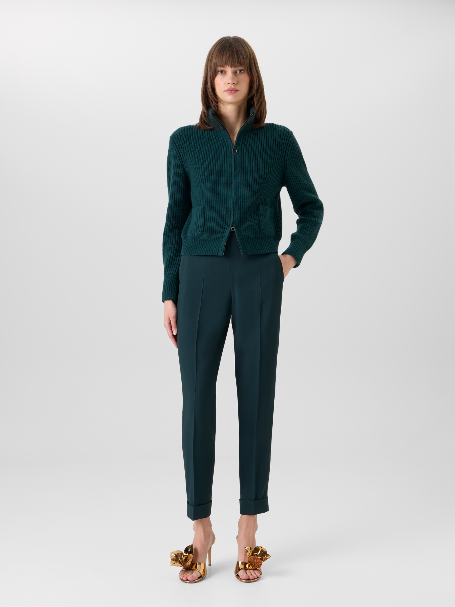 Designer Wool Cashmere Short Cardigan with Bouclé Collar - green 