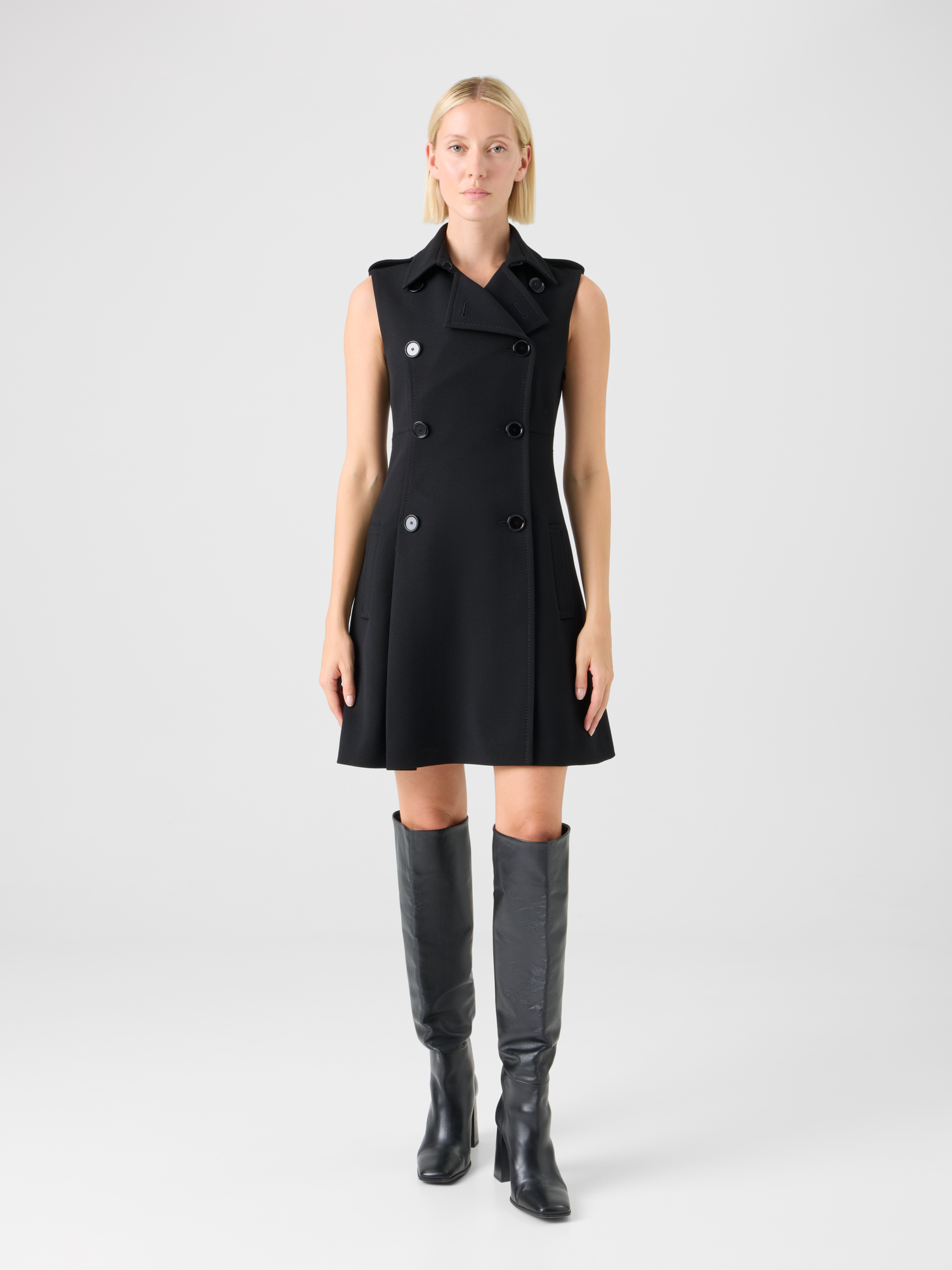 Designer Modern Trench Dress in Wool Tricotine - black 
