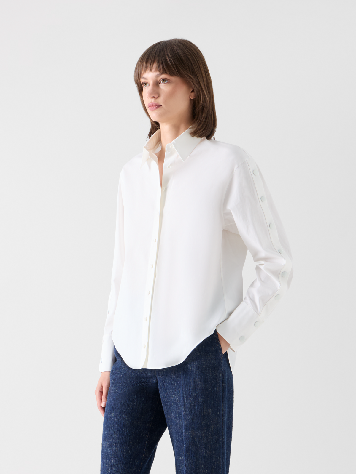 Designer Cotton Poplin Blouse with Snap-Button Slit Sleeves - ecru 