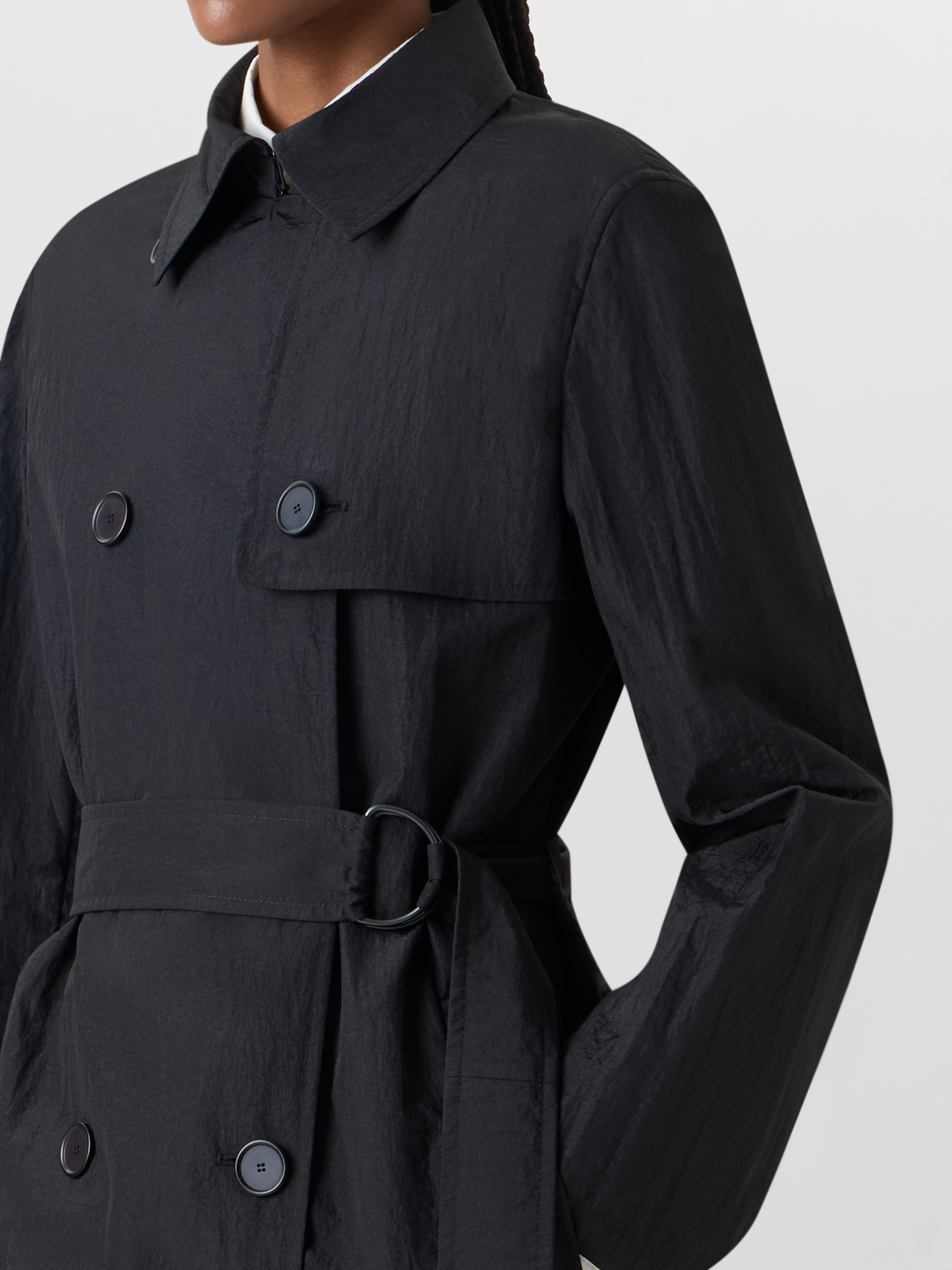 Designer Long-Sleeve Crinkled Parachute-Taffeta Long Trench Coat - black 