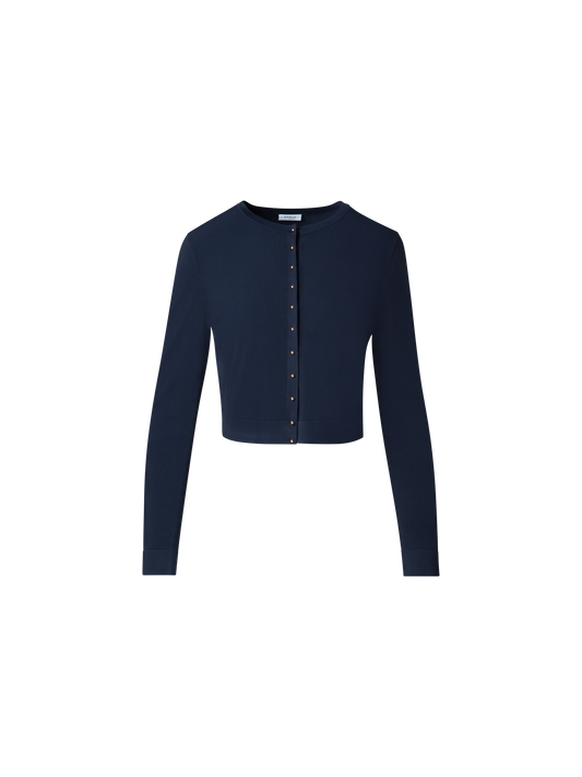 Designer Cropped Cardigan with Gold Buttons - navy - blue