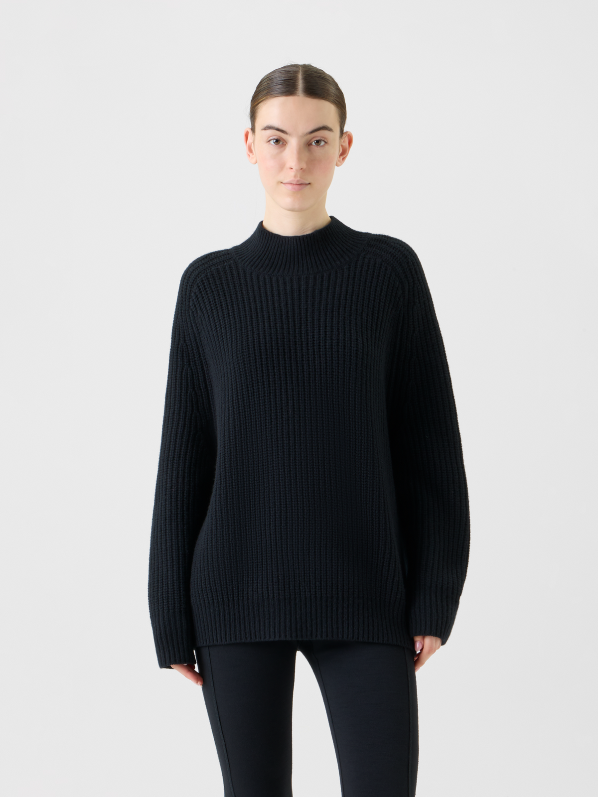 Designer Oversized Wool Cashmere Mock Neck Knit Sweater - black - neutral #editorial