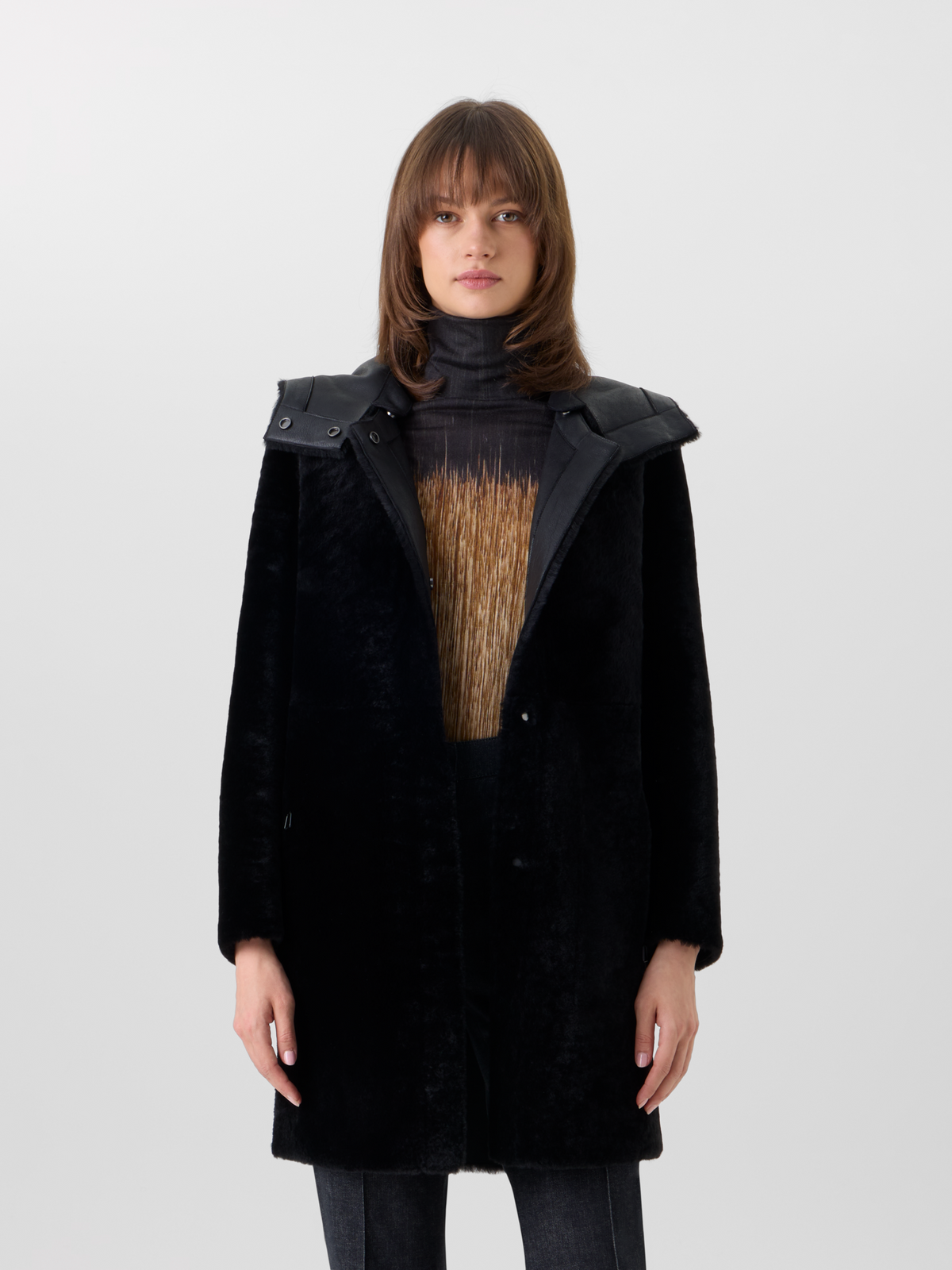 Designer Reversible Lamb Shearling Coat with Detachable Hood - black 