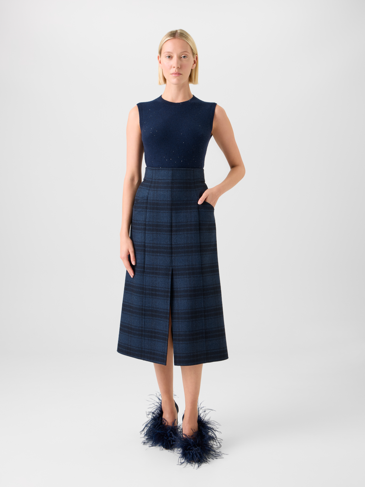 Designer Sequins Wool Cashmere Knit Top - neutral - navy - blue #editorial