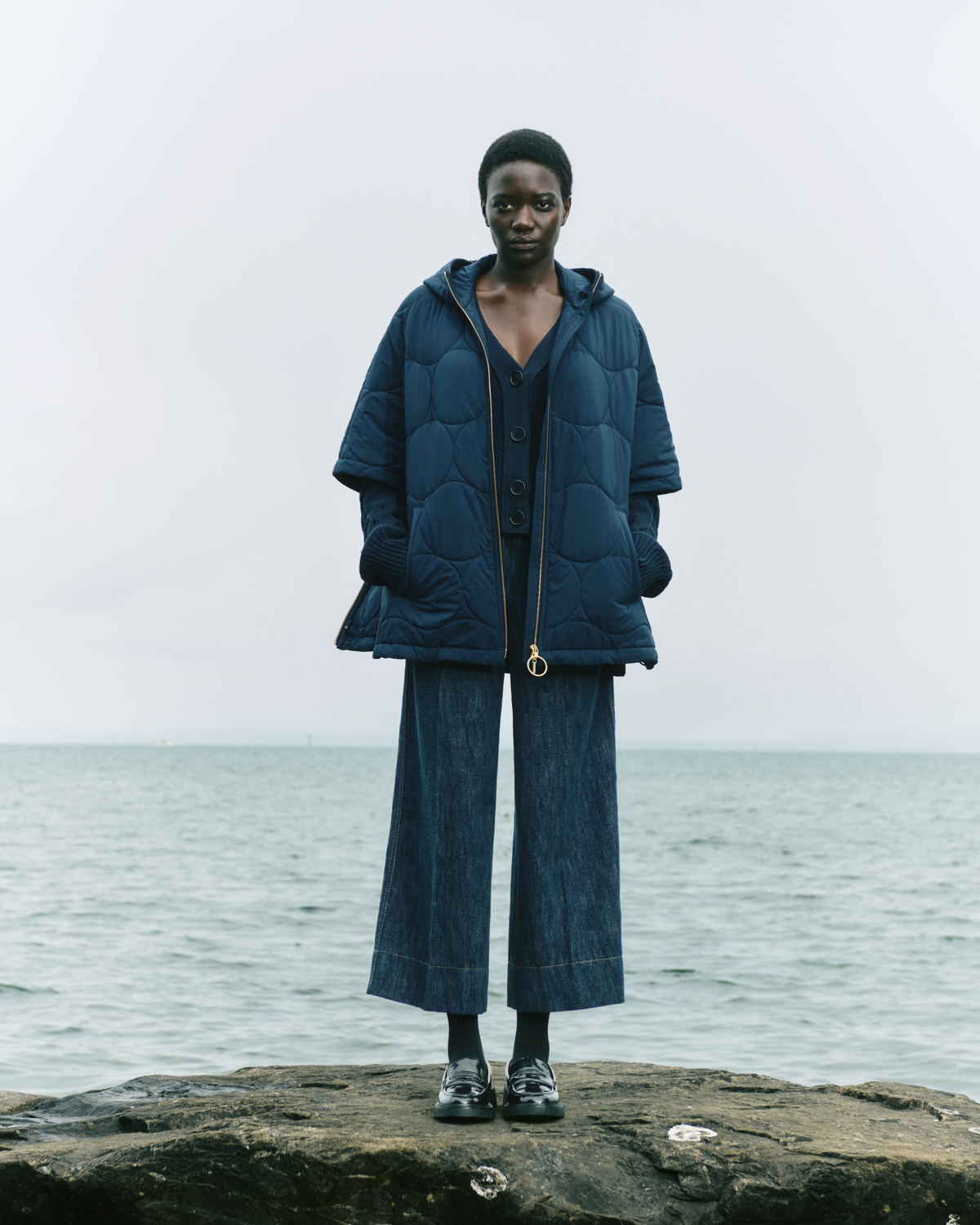 Designer A-Line Puffer Jacket in Dot Quilt - navy - blue #editorial