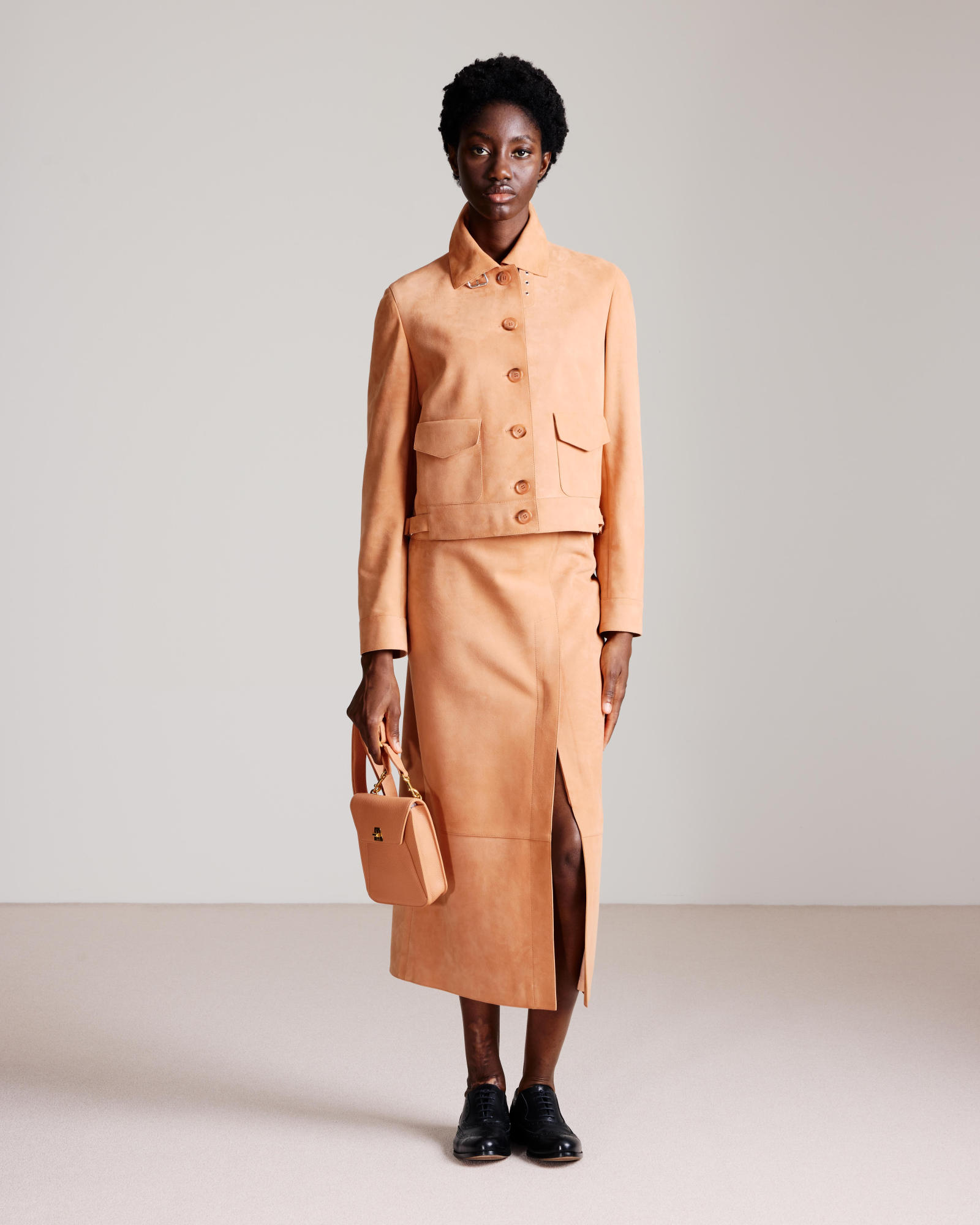 Designer Long Pencil Skirt in Nubuck Lamb Leather - pastel - beige - orange 