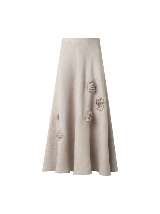 Designer Linen Midi Skirt with 3D Carnation Detail - neutral - pastel - beige