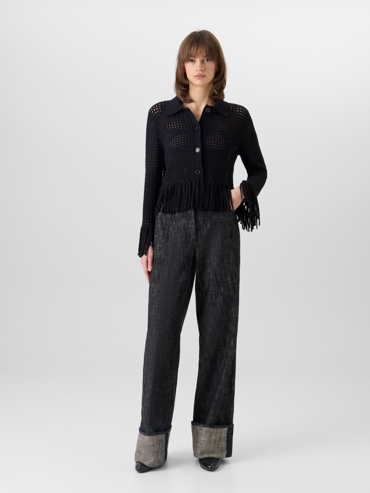 Designer Short Long-Sleeve Chunky Cotton Mesh Knit Cardigan - black #editorial