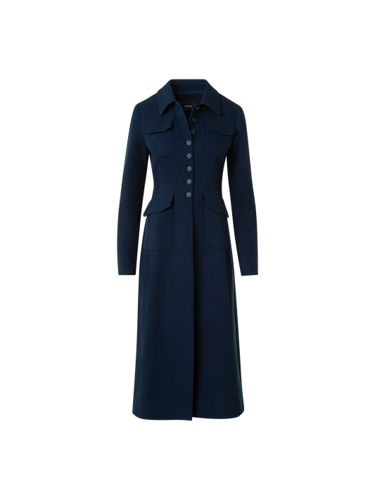 Designer Fitted Wool Double-Face Midi Coat Dress - neutral - navy - blue