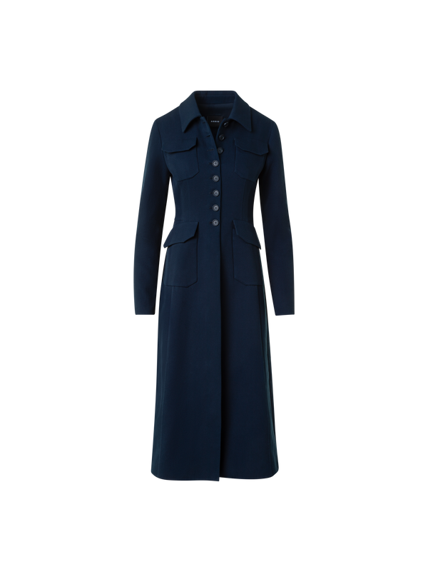 Designer Fitted Wool Double-Face Midi Coat Dress - neutral - navy - blue