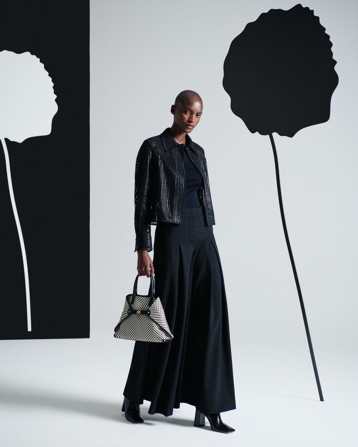 Designer Extra Wide Palazzo Wool Stretch Twill Pants - neutral - black #editorial