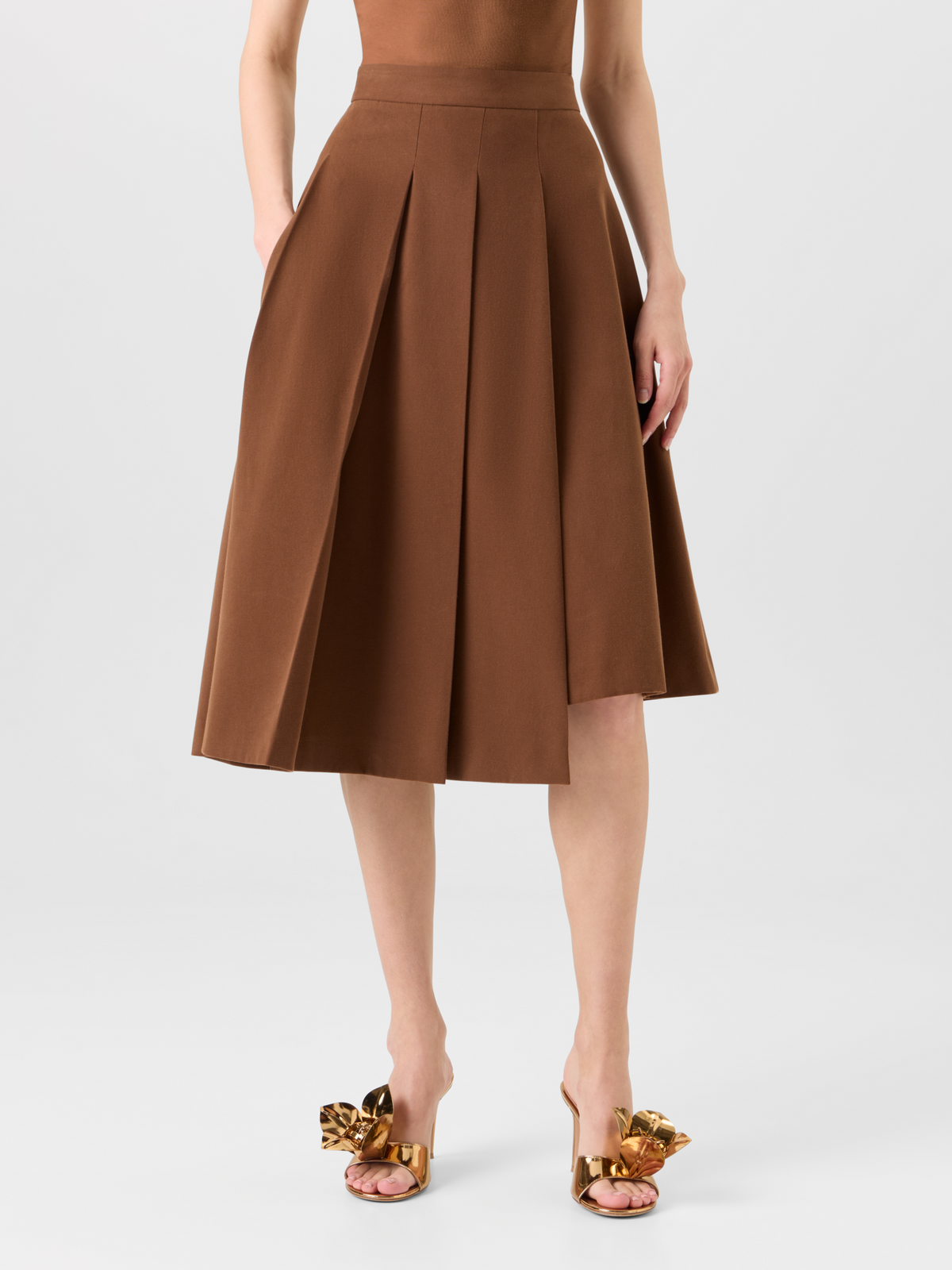 Designer Side Pleated Midi Skirt in Cotton Wool Gabardine - brown 