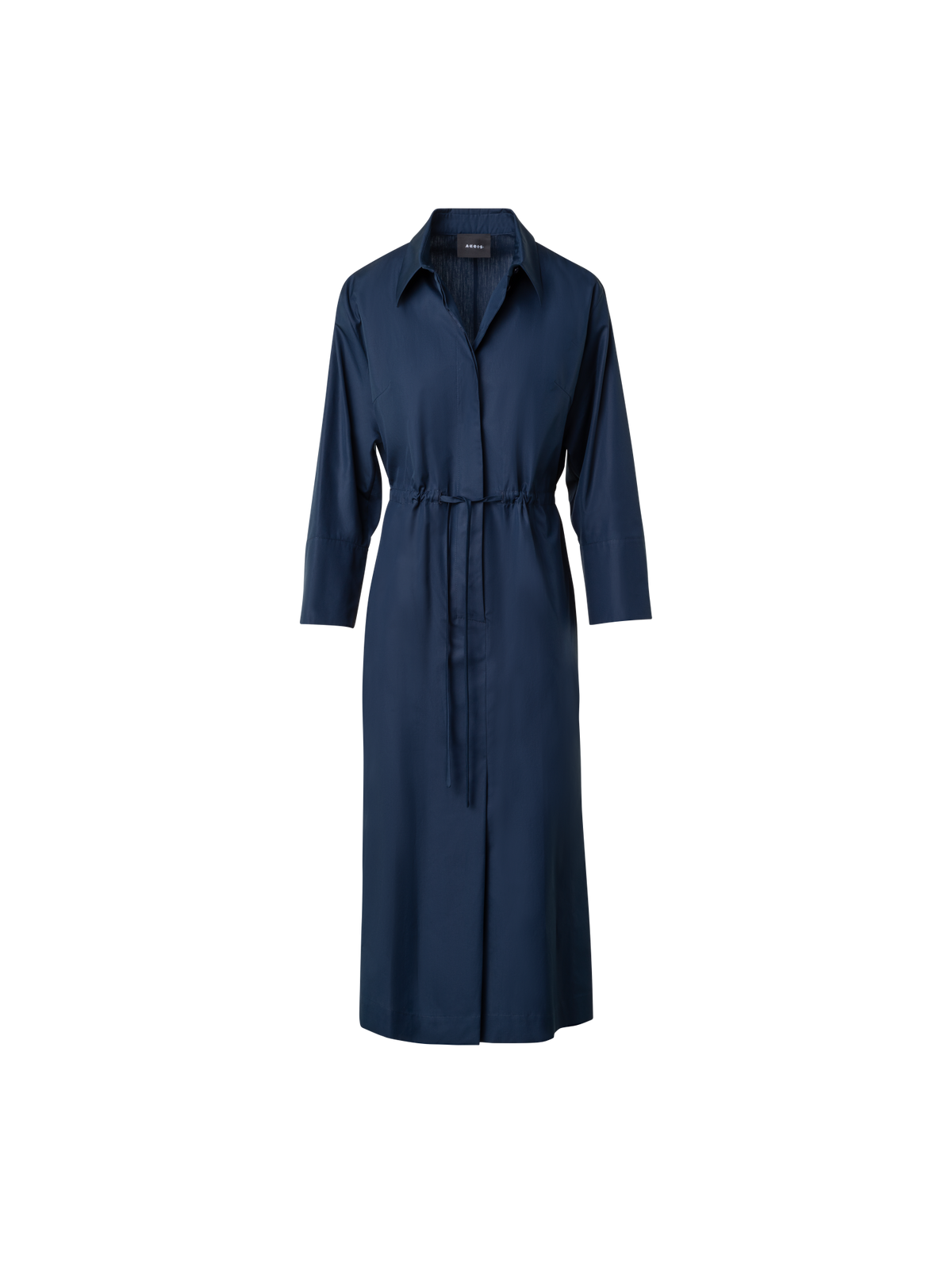 Designer Cotton Midi Shirt Dress with Drawstring - navy - blue