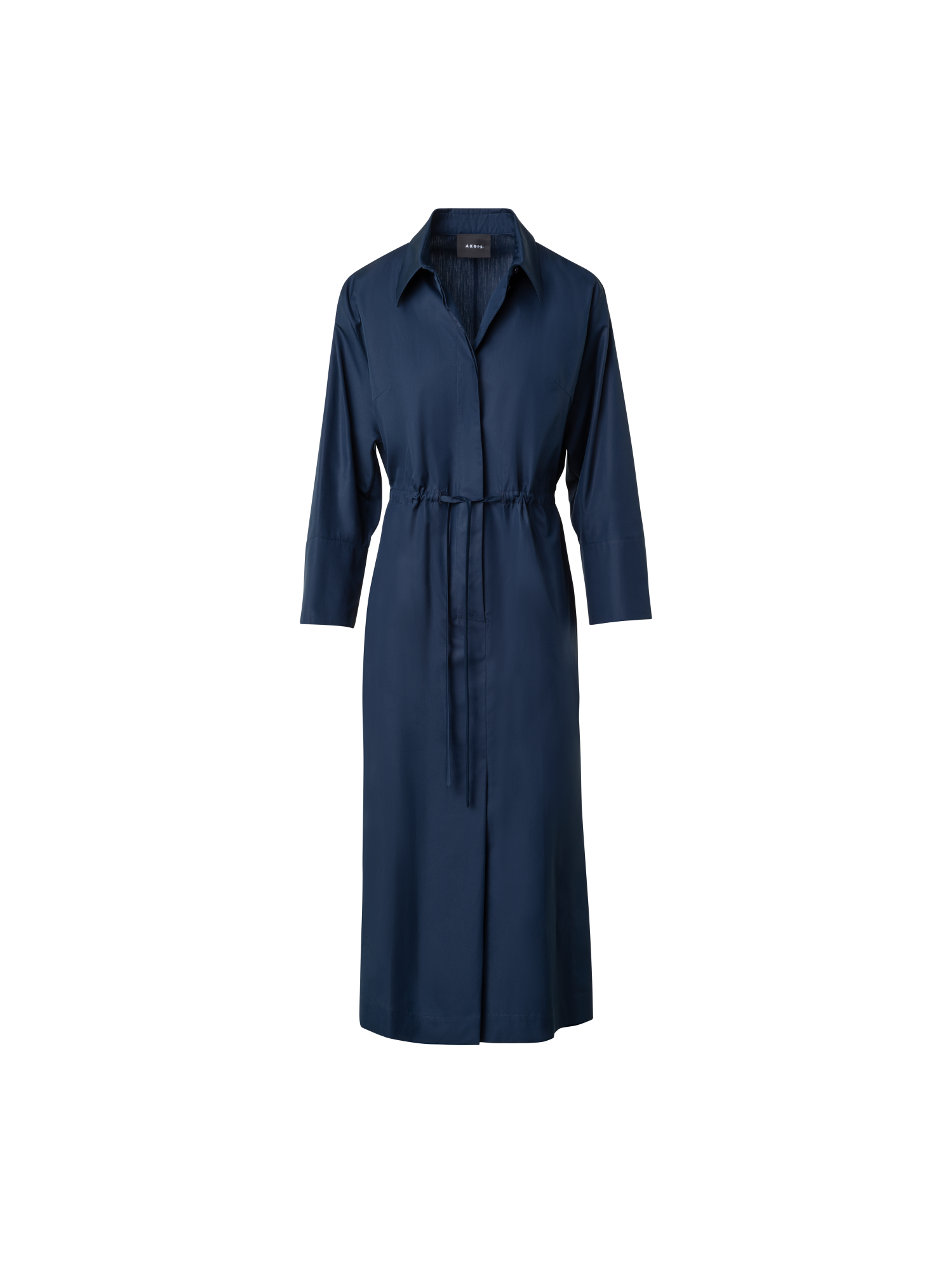 Designer Cotton Midi Shirt Dress with Drawstring - navy - blue