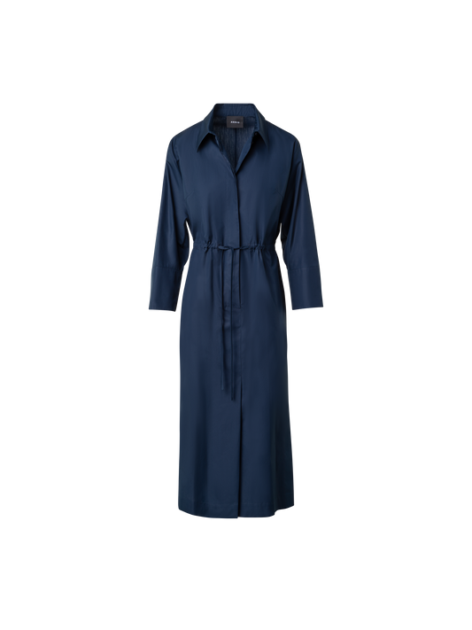 Designer Cotton Midi Shirt Dress with Drawstring - navy - blue